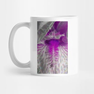 closeup of the central part of a iris with beard in full bloom in shades of white and purple colours Mug